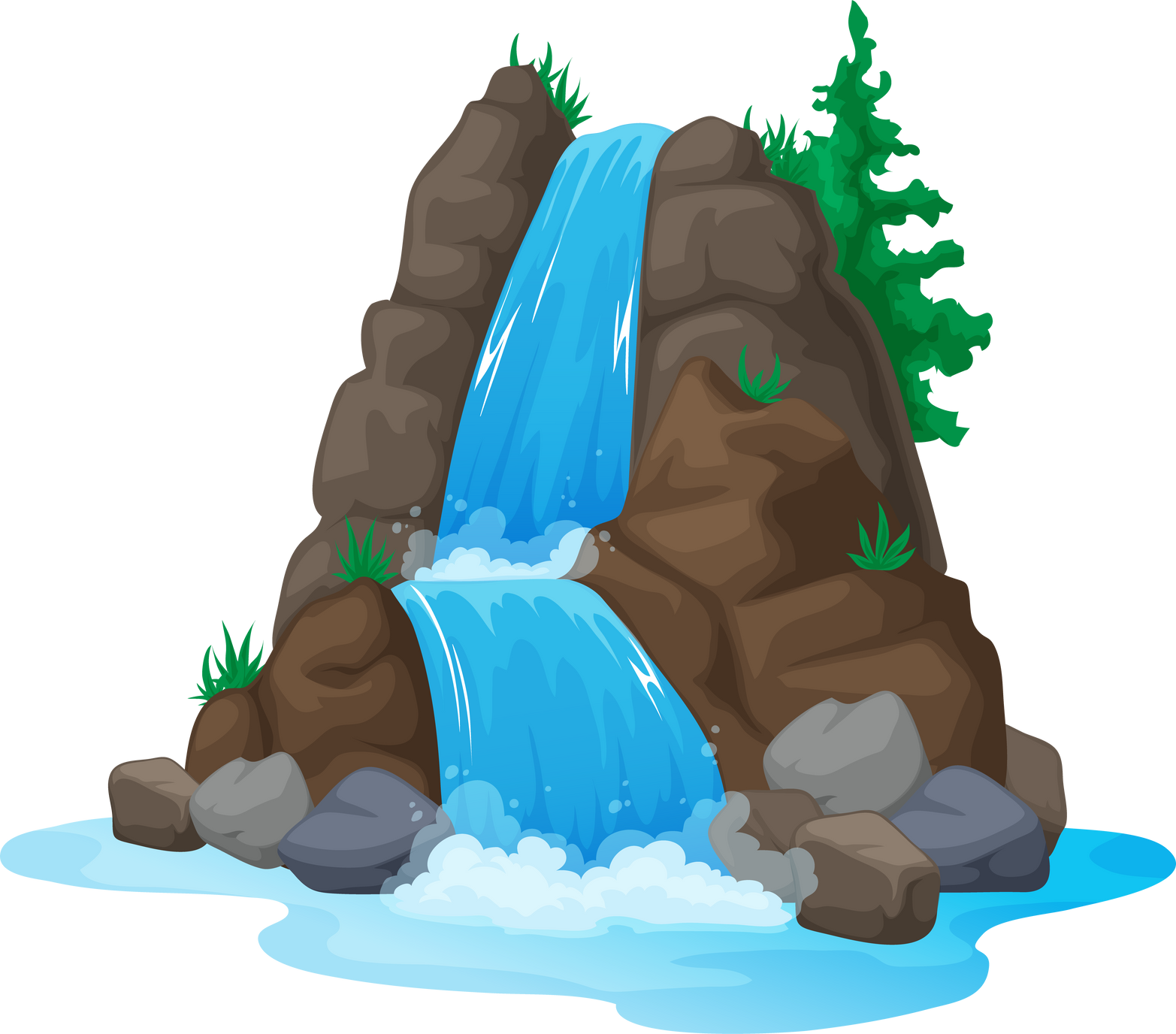 Streaming water cartoon waterfall falls from cliff