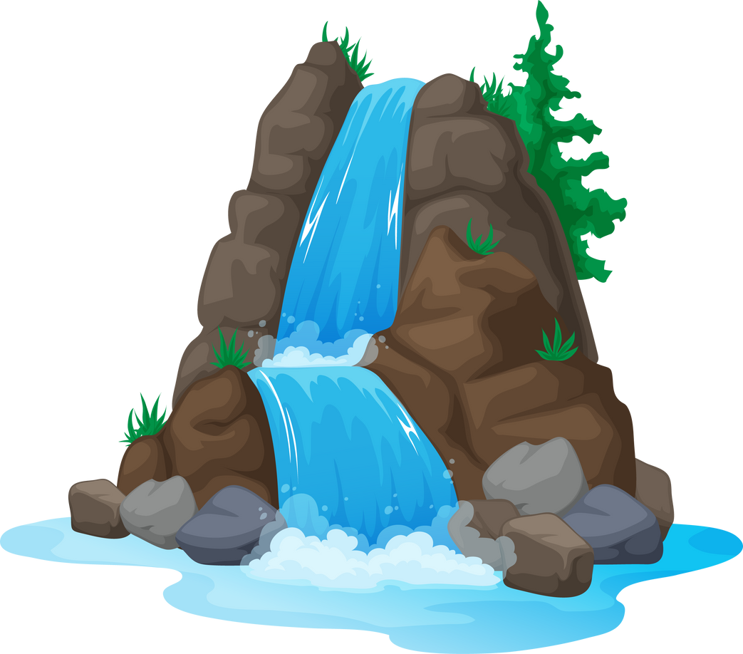 Streaming water cartoon waterfall falls from cliff